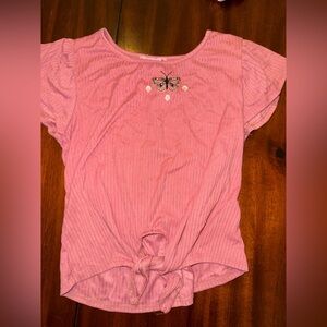 Pink Ribbed Top with Butterfly Embroidery